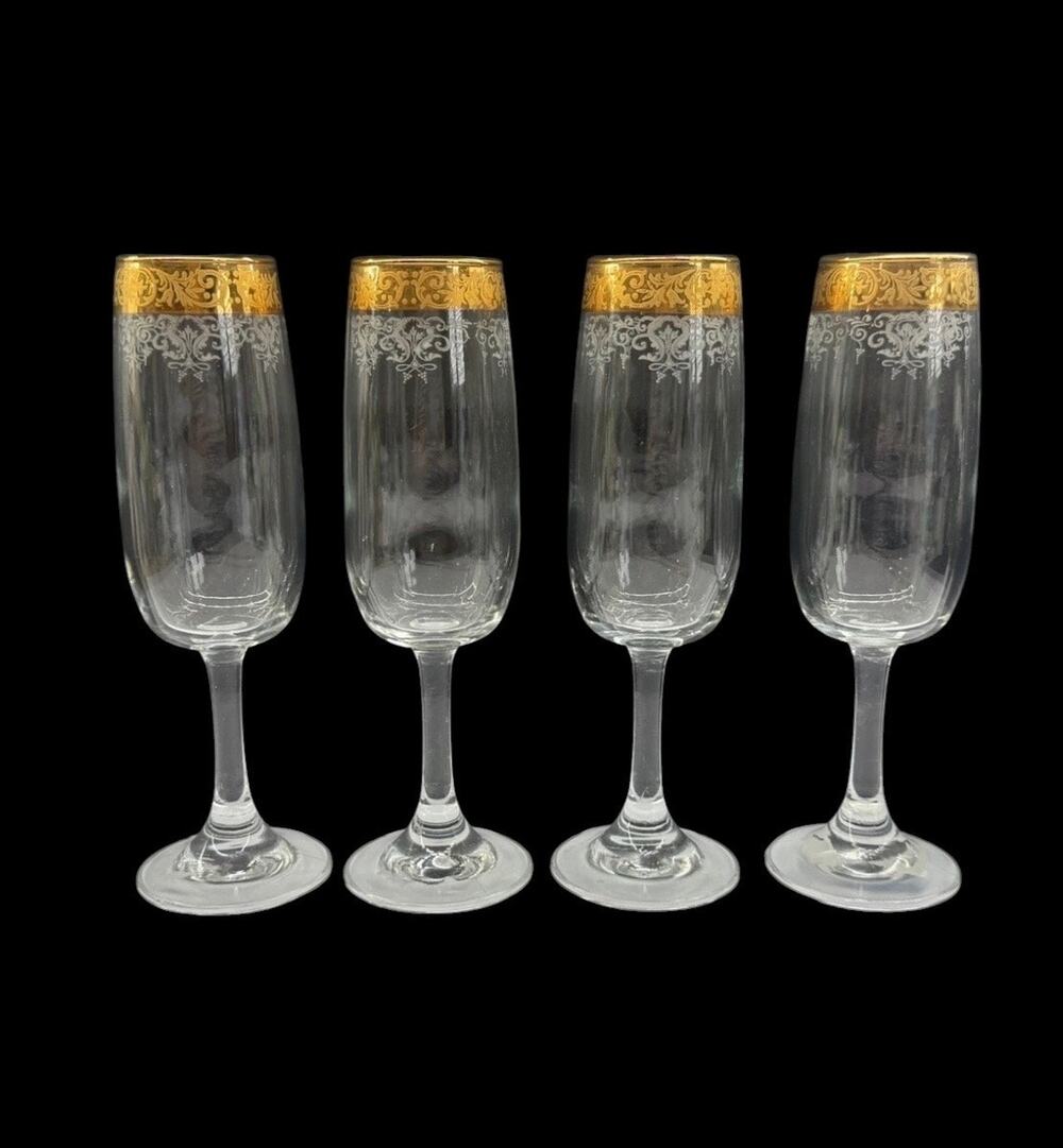 4 Vtg CELLINI Crystal 24 KT Gold Rim Etched Champagne Glasses Flutes